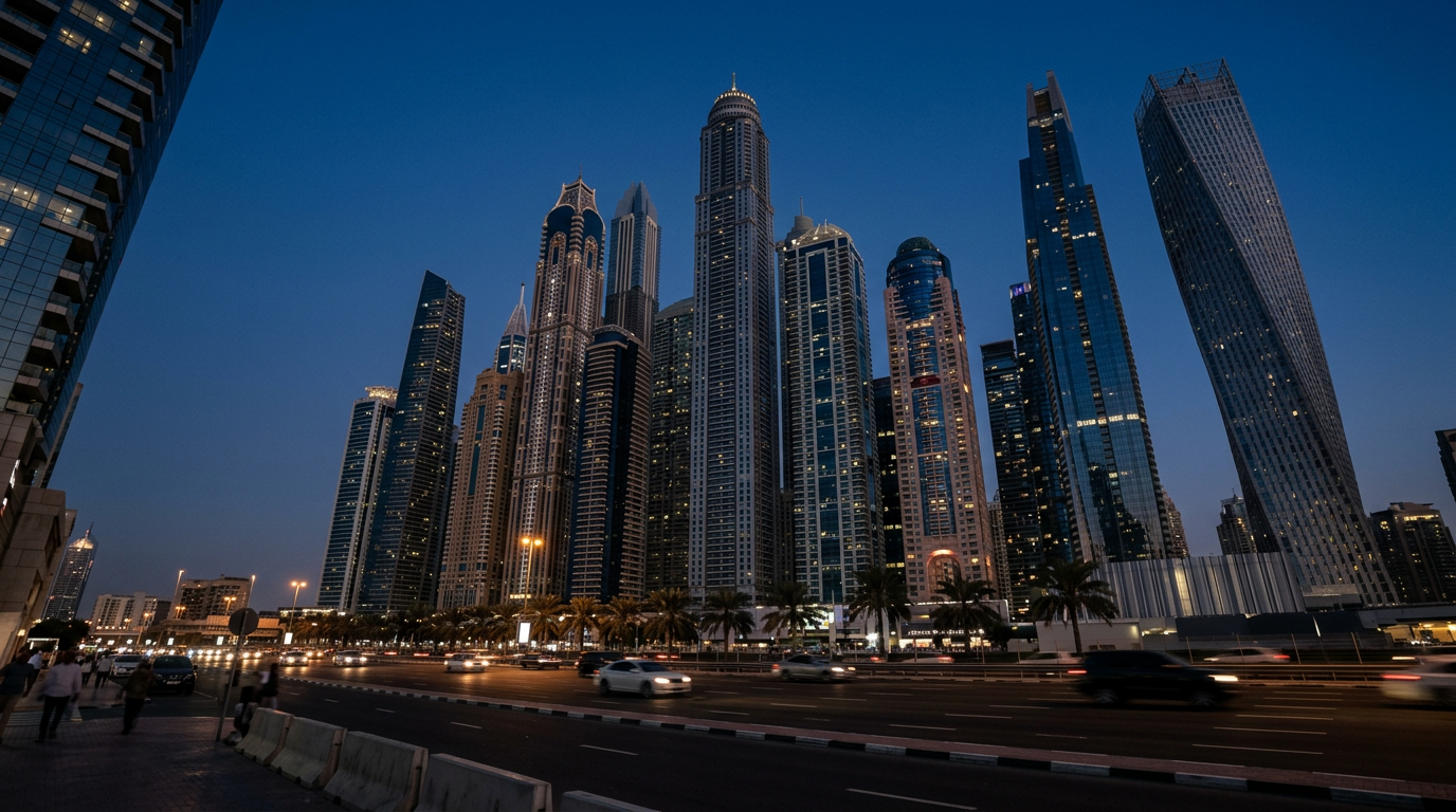 Dubai business district towers at blue hour